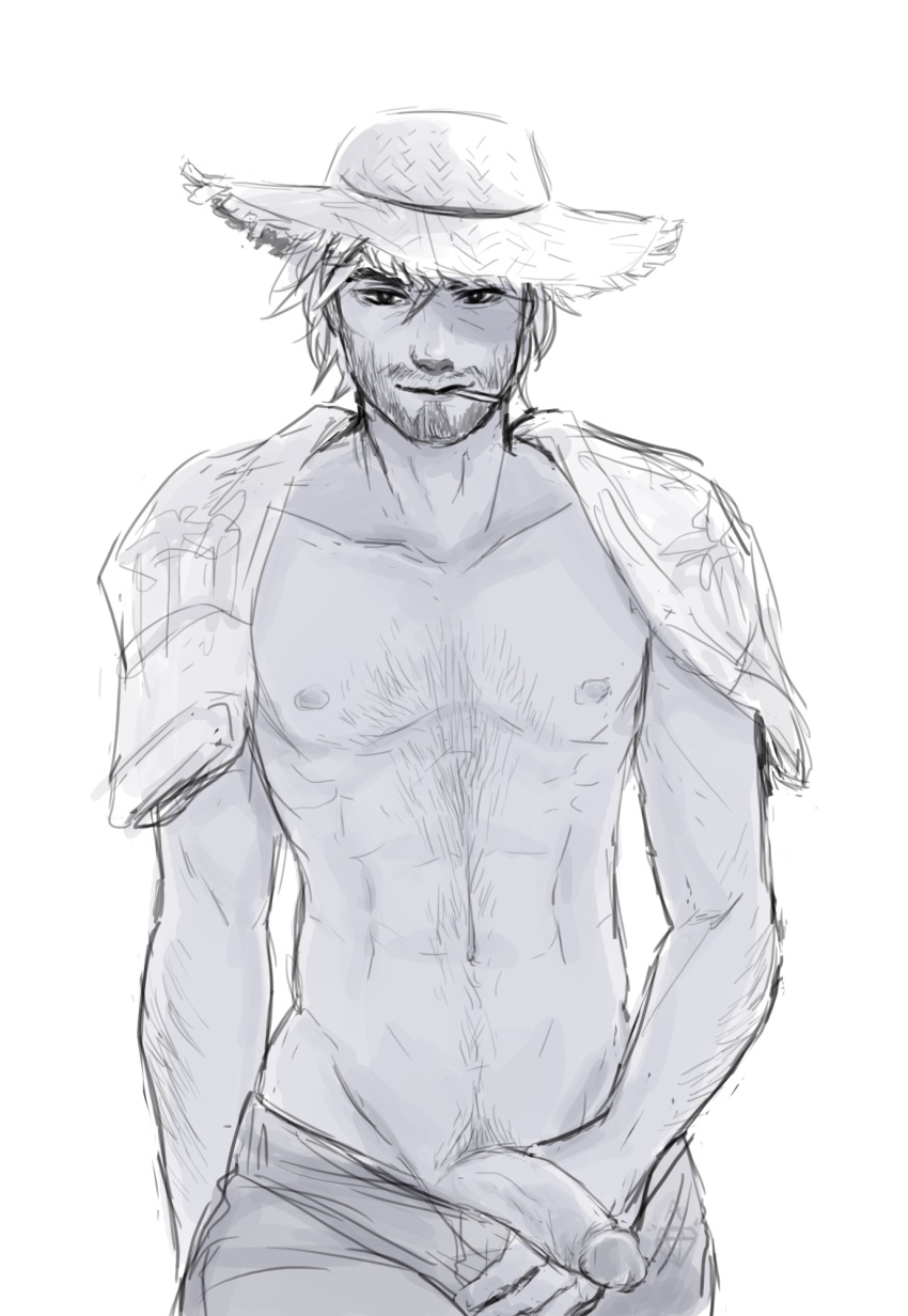 1boy apple_(appleuniversing) beard chest_hair cole_cassidy cowboy_shot facial_hair hat highres lifeguard_cassidy looking_at_viewer male male_only male_pubic_hair monochrome neck nipples overwatch penis pubic_hair shirtless shorts shorts_pull sketch solo straw_hat towel towel_around_neck white_background