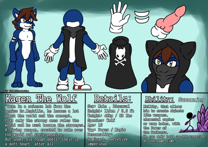 animal_genitalia animal_penis anthro blue_fur bone canide canine canine_penis clothing english_text fan_character flat_colors footwear fur gloves kagen_the_wolf knot male mammal model_sheet penis scarf shoes sonic_(series) standing text video_games wildwolfproduction wolf yellow_eyes