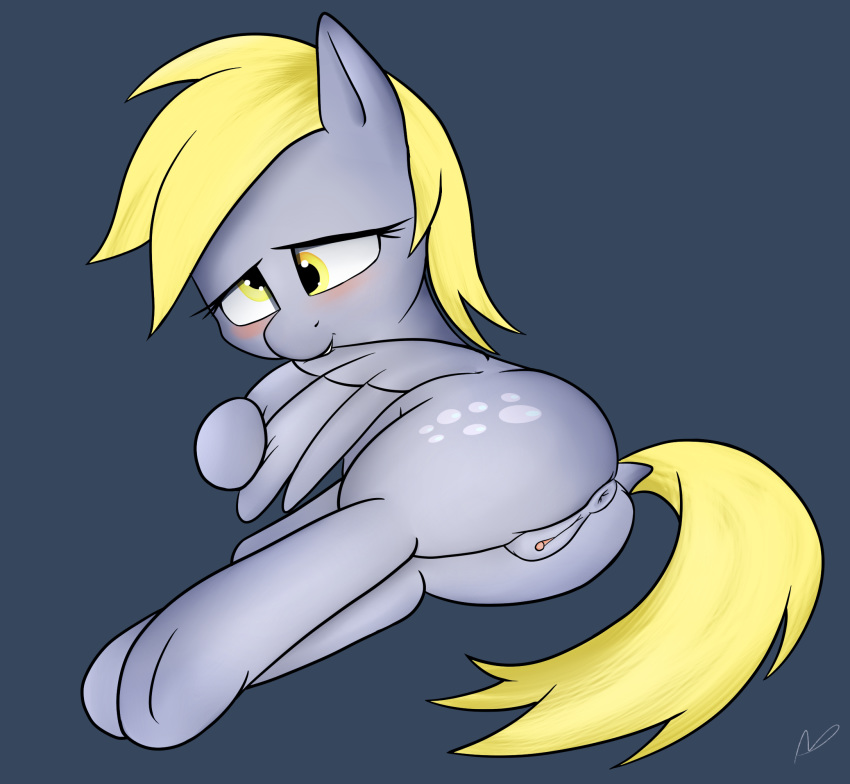 2016 amber_eyes anus ass bite blonde_hair blush cutie_mark derpy_hooves equine feathered_wings feathers female feral friendship_is_magic fur grey_background grey_feathers grey_fur hair lying mammal my_little_pony neighday pegasus pussy simple_background solo wings