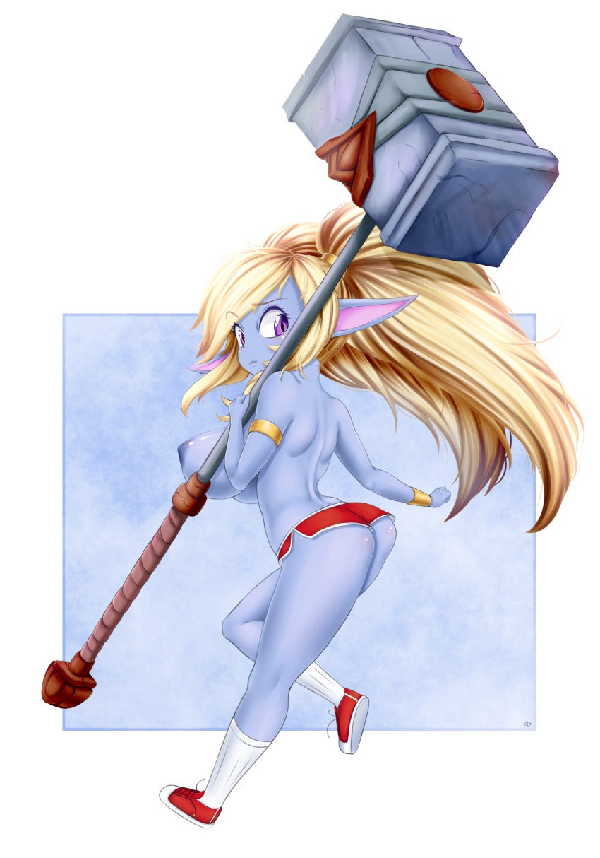 absurdres armlet ass back blonde_hair blue_skin breasts female gold hammer highres huge_weapon large_breasts league_of_legends long_hair looking_back perky_breasts pointy_ears poppy purple_eyes riot_games short_shorts shorts side_slit sideboob slit_pupils smile socks solo topless twintails vambraces weapon ya-ya-tan yordle