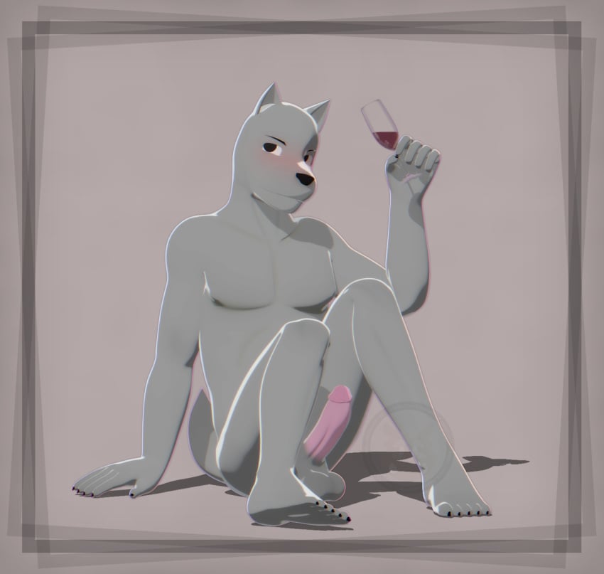 2017 3d 5_fingers alcohol anthro balls beverage black_eyes black_nails blush canine circumcised claws colored_nails drunk eric_(v--r) fur glass grey_fur long_penis male male_only mammal muscular muscular_male naughty_face nipples nude on_ground pecs penis pink_penis simple_background sitting smile solo v--r wolf