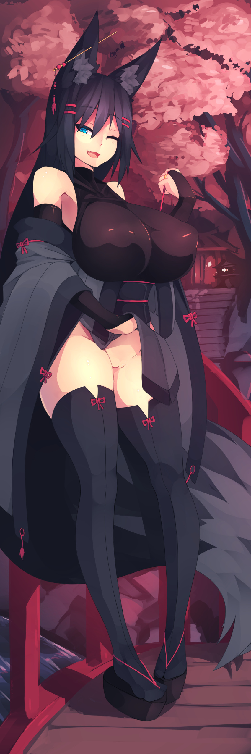 2017 absurd_res animal_humanoid armwear big_breasts big_tail black_clothing black_hair black_tail blue_eyes breasts bridal_gauntlets bridge canine cherry_blossom clothed clothing clothing_lift dakimakura_design detached_sleeves detailed_background dress ear_piercing elbow_gloves female footwear fox fox_humanoid gloves hair hairclip hi_res huge_breasts humanoid inner_ear_fluff japanese_clothing kiri_(sub-res) legwear long_hair long_sleeves looking_at_viewer mammal nipple_bulge no_underwear obi one_eye_closed open_mouth outside piercing plant platform_footwear presenting presenting_pussy pussy raised_dress red_theme ring river sandals slit_pupils smile solo standing sub-res sweat thigh_highs tight_clothing tree water