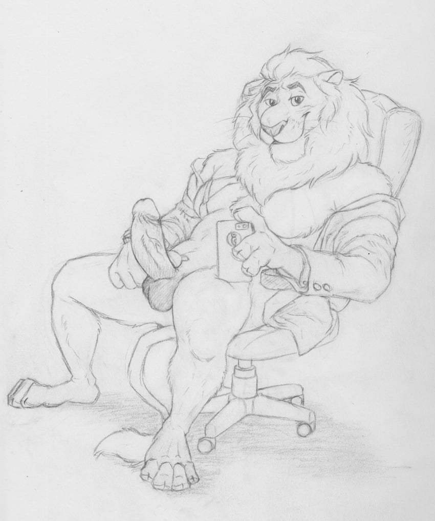 abs anthro athletic balls barefoot black_and_white bottomless cellphone chair clothed clothing digitigrade disney erection feline greyscale hi_res holding_penis leodore_lionheart lion looking_at_viewer male male_only mammal mane monochrome neverwolf office_chair open_shirt pencil_(artwork) penis phone retracted_foreskin selfie sitting smile solo traditional_media_(artwork) uncut vein veiny_penis whiskers zootopia