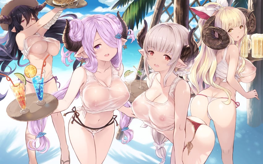 4girls absurdres alcohol alicia_(granblue_fantasy) anila_(granblue_fantasy) ass bandaged_arm bandages beer beer_mug bikini blonde_hair blush breasts cait cleavage crop_top danua_(granblue_fantasy) demon_horns doraf drink drinking_straw earrings food glass granblue_fantasy hair_between_eyes hair_over_one_eye hat highres horns huge_filesize jewelry large_breasts lavender_hair long_hair looking_at_viewer low-tied_long_hair midriff multiple_girls narmaya_(granblue_fantasy) navel nipples no_bra open_mouth pasta patreon_reward pointy_ears red_eyes see-through_silhouette sheep_horns shirt side-tie_bikini silver_hair smile spaghetti swimsuit taut_clothes taut_shirt thong thong_bikini tied_shirt tray twintails underboob very_long_hair wet wet_clothes white_bikini yellow_eyes