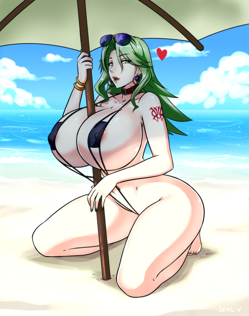 barefoot between_breasts bikini bracelet breasts collar devil-v earrings female green_eyes green_hair heart huge_breasts kneeling lamia_loveless long_hair looking_at_viewer nail_polish ocean open_mouth outdoors sand solo sunglasses super_robot_wars super_robot_wars_original_generation swimsuit tattoo umbrella water