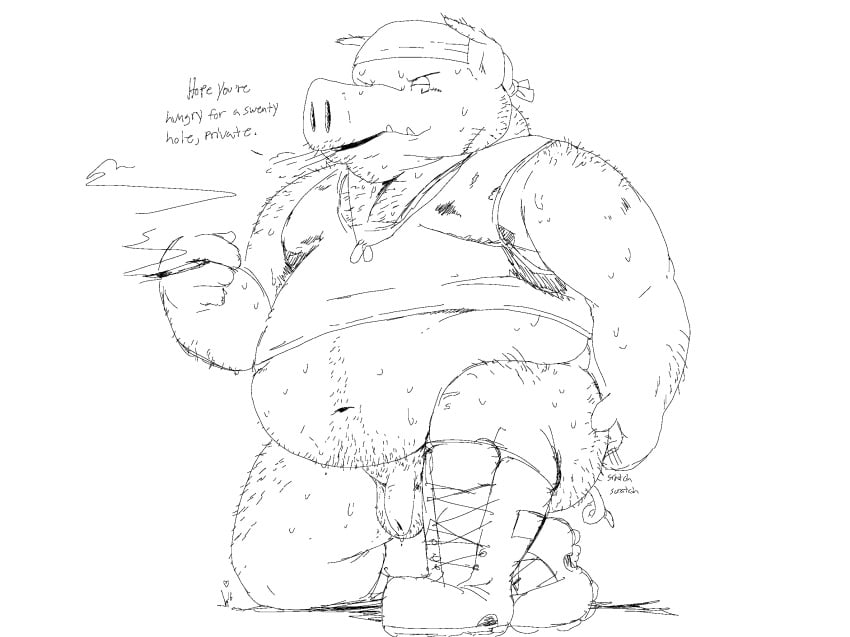 4:3 aliasing anthro balls bandana black_and_white boots bottomless cigarette clothed clothing dialogue dog_tags flaccid footwear front_view hairy itching line_art looking_at_viewer male male_only mammal monochrome navel on_one_knee overweight penis pig porcine rohly scratching scratching_butt scratching_self smoke smoking solo sweat talking_to_viewer