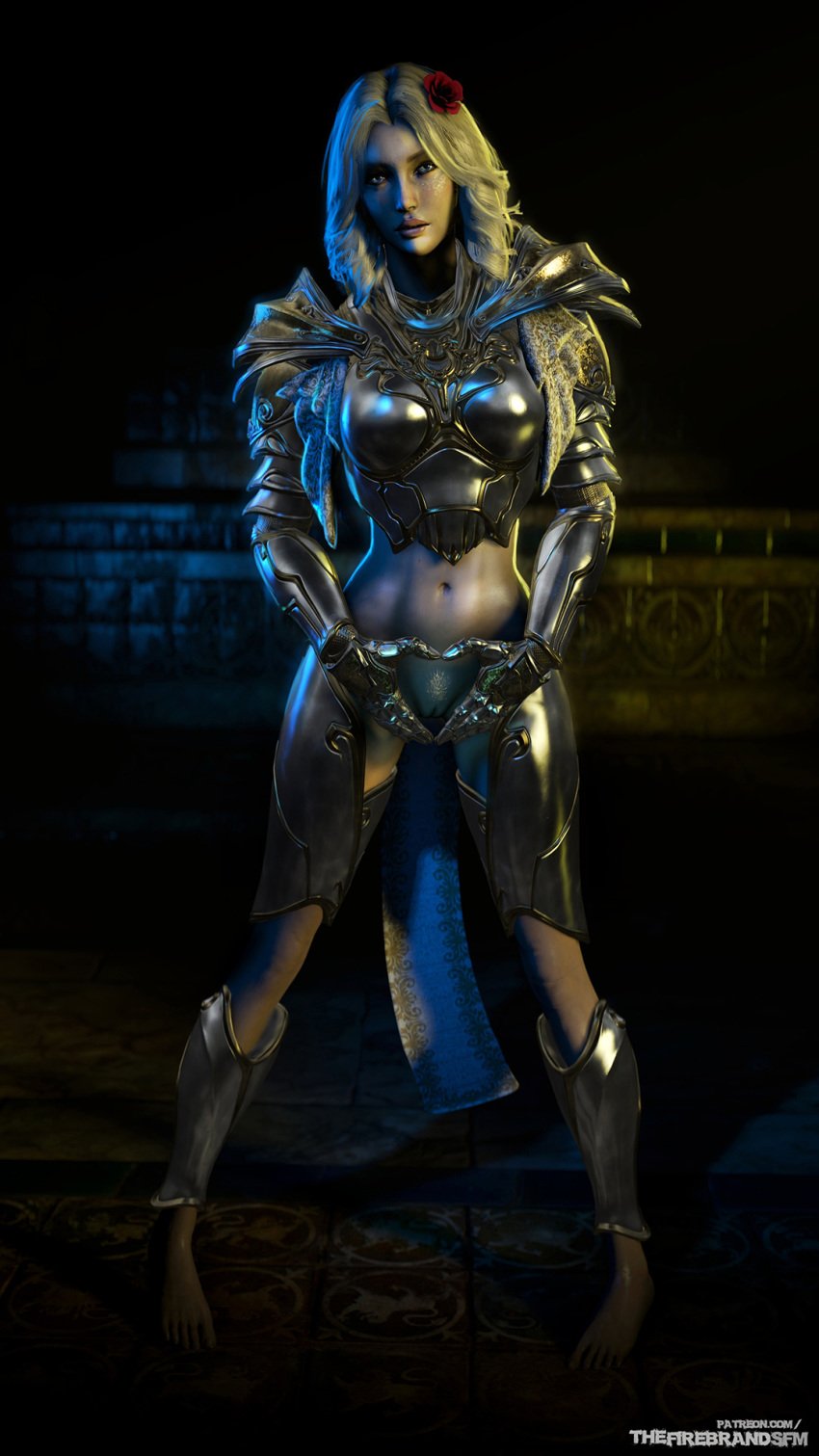 1girls 3d abs armor blonde_hair female female_only footwear gauntlets greaves handwear looking_at_viewer paragon pussy serath solo solo_focus source_filmmaker the_firebrand