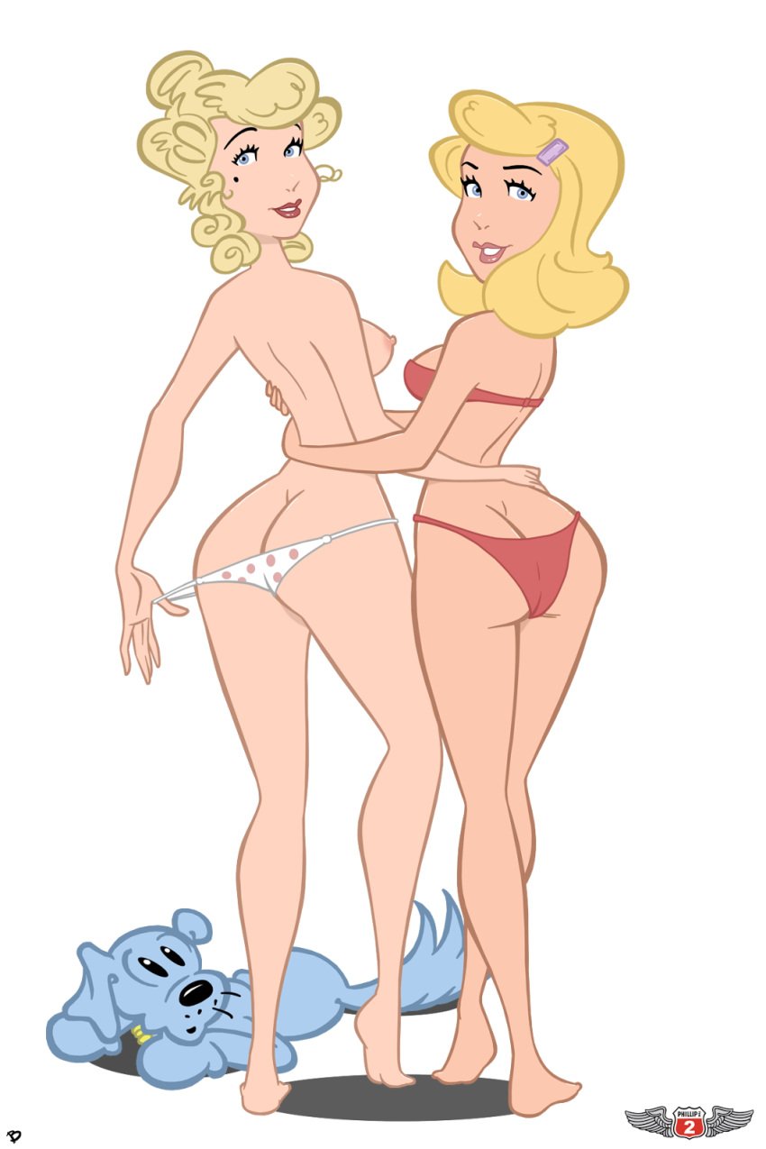 2girls alpha_channel bikini blonde_hair blondie_(comic) blondie_bumstead blue_eyes breasts clothing cookie_bumstead daisy_bumstead dog female for_sticker_use human looking_back mother_and_daughter multiple_females multiple_girls nipples phillipthe2 png rear_view roger_bacon sticker_template topless_female transparent_background transparent_png