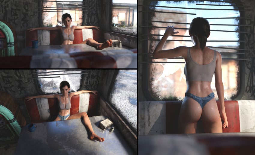 1girls 3d 3koma abs ass athletic athletic_female barefoot brown_hair bubble_butt crop_top dboxx diner ellie_(the_last_of_us) ellie_williams feet female female_focus female_only hourglass_figure jean_shorts jukebox legs medium_breasts midriff multiple_views naughty_dog rear_view shirt shorts skimpy skimpy_clothes skinny soles table tagme teen teenager the_last_of_us the_last_of_us_2 thighs toes toned toned_female wide_hips window