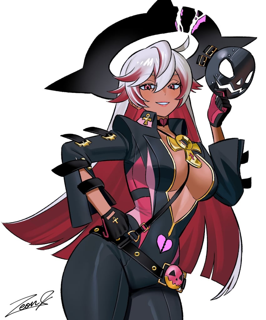 absurdres alternate_color belt_buckle black_choker black_halo black_jumpsuit breasts broken_halo buckle choker cleavage colored_inner_hair dark-skinned_female dark_skin female grey_hair guilty_gear guilty_gear_strive halo hand_on_own_hip highres holding holding_mask jack-o'_valentine jumpsuit light_smile long_hair looking_at_viewer mask multicolored_hair zeon_(zzeeonn)