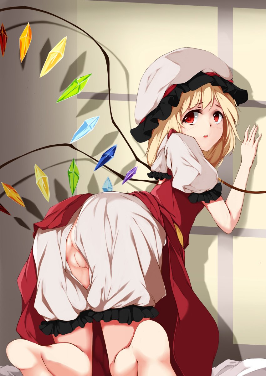 absurdres against_wall anus barefoot bent_over blonde_hair bloomers bloomers_(victorian) female flandre_scarlet hat highres indoors looking_at_viewer mu_yan puffy_sleeves pussy red_eyes red_skirt skirt skirt_set solo tareme touhou uncensored underwear white_hat wings