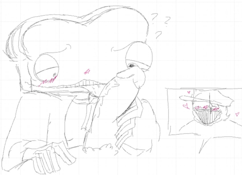 bread breadhead_(the_gaslight_district) confused_look gay grinning_at_partner jaybaeartz licking_penis non-human non-human_only pestro_(jaybaeartz) pubic_hair the_gaslight_district throbbing_penis toony veiny_penis wide_grin