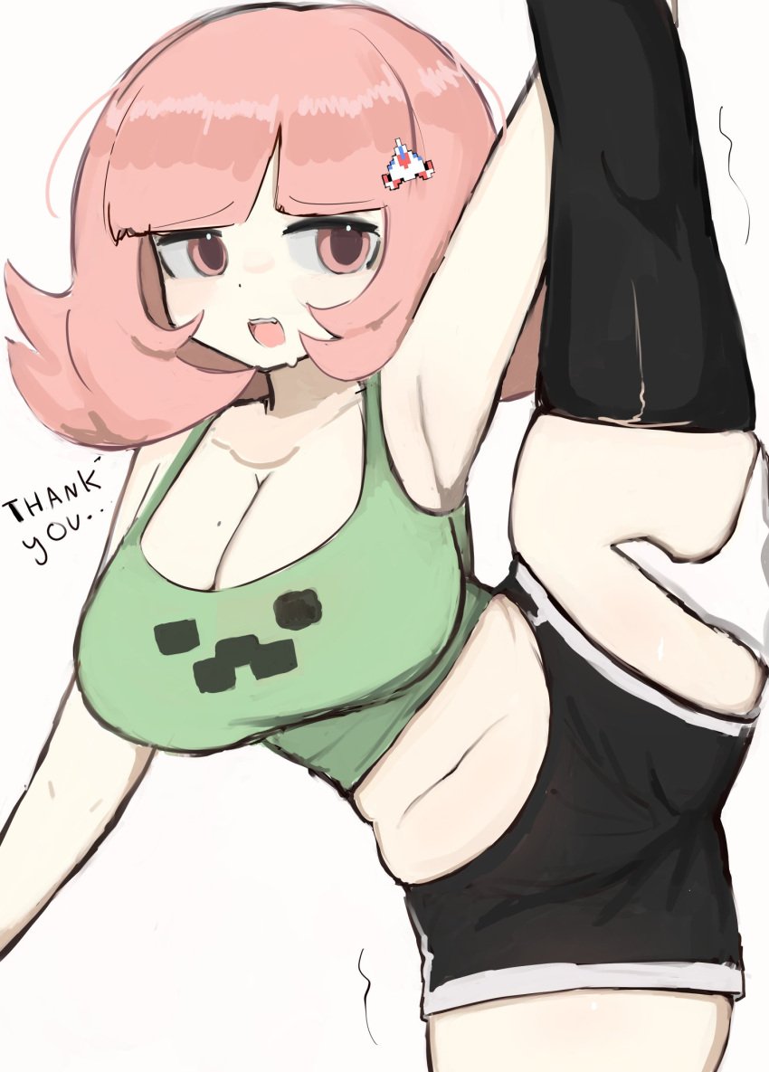 1girls artist_request big_ass big_breasts big_butt breasts chubby chubby_female creeper_face danganronpa danganronpa_2:_goodbye_despair exercise exercising gamer_girl holding_leg holding_leg_up holding_legs_up leg_up legs_up minecraft nanami_chiaki pink_eyes pink_hair short_hair shorts thick thick_hips thick_legs thick_thighs thighhighs thighs