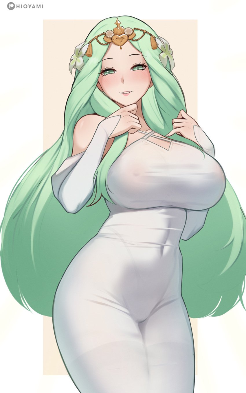 1girls breasts female fire_emblem fire_emblem:_three_houses green_eyes green_hair head_jewelry highres hioyami large_breasts rhea_(fire_emblem) see-through_clothing white_dress