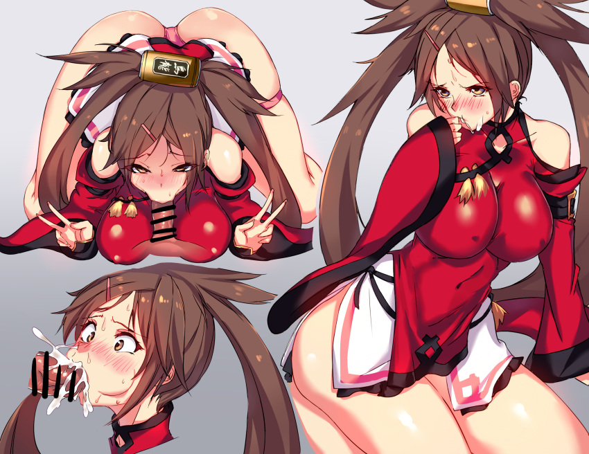 bare_shoulders blush boots breasts brown_eyes brown_hair china_dress chinese_clothes cum detached_sleeves dress fellatio female guilty_gear guilty_gear_xrd hair_ornament highres kuradoberi_jam large_breasts long_hair negresco oral panties penis skirt underwear very_long_hair