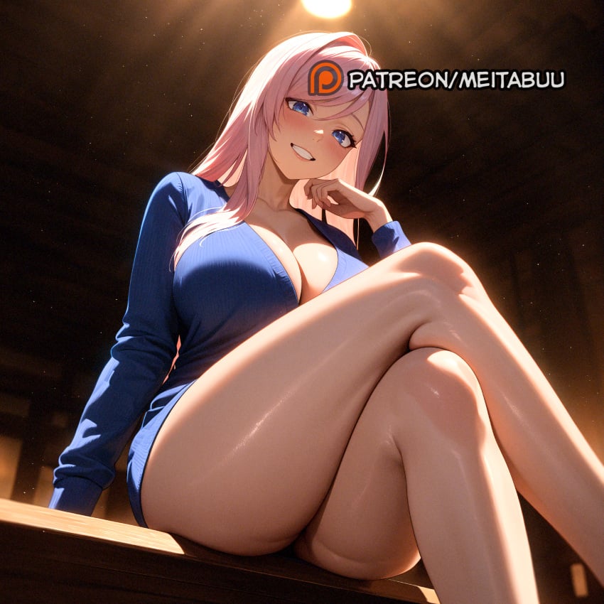 ai_generated bare_legs blue_eyes blush breasts cleavage crossed_legs fate/grand_order feet_out_of_frame female from_below grin large_breasts long_hair looking_at_viewer meitabuu miyamoto_musashi_(fate) parted_lips pink_hair sitting smile solo thick_thighs thighs
