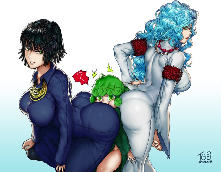 2017 3girls ? ass ass_sandwich ass_to_ass between_buttocks big_ass big_breasts black_hair blue_hair breasts bullying collar dat_ass dated doggy_style favorite female female_only fubuki_(one-punch_man) gradient_background green_eyes green_hair huge_ass incest jewelry large_breasts long_hair looking_at_another multiple_girls one-punch_man pantylines psykos shorts sisters smile sweat tatsumaki thegoldensmurf tight_dress trapped yuri