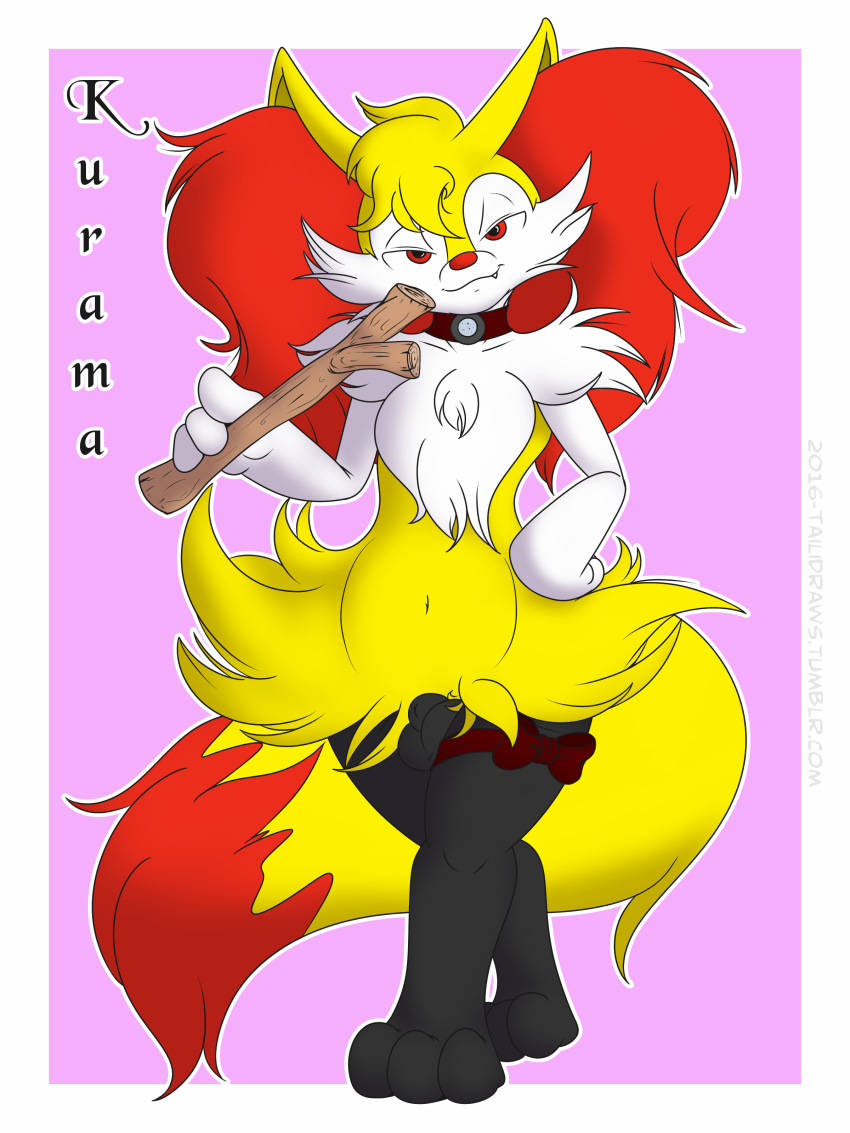 1boy animal_genitalia anthro border bow braixen canine choker cute_fangs digital_media_(artwork) digitigrade english_text feet femboy fluffy fluffy_tail fox fully_sheathed fur furry hand_on_hip hi_res holding_object inner_ear_fluff kurama_the_braixen looking_at_viewer male male_only mammal mrpandragon naughty_face navel nintendo paws pinup pokémon_(species) pokemon pokemon_(species) pokemon_xy pose sheath simple_background solo standing testicles text video_games