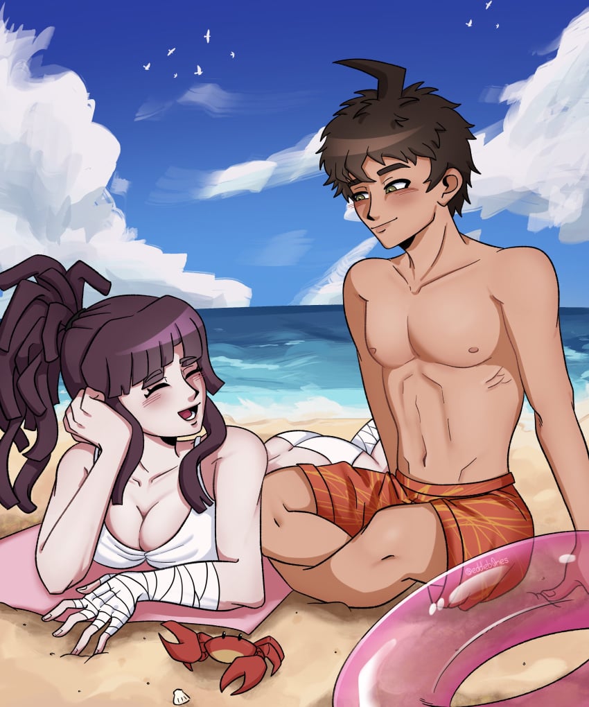1boy 1girls artist_request ass ass beach beach_background beach_towel breasts breasts brown_hair crab danganronpa danganronpa_2:_goodbye_despair embarrassed embarrassed_male hair_tie hair_tied hinata_hajime laying_down laying_on_floor laying_on_stomach long_hair purple_eyes purple_hair romantic romantic_ambiance short_hair smile smiling tagme tsumiki_mikan