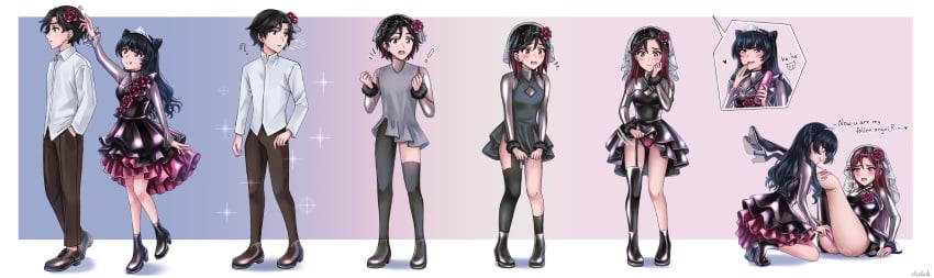 ! 1boy 2girls ? absurdres black_dress black_hair black_shoes black_thighhighs blush breasts brown_eyes brown_pants dildo dress elisabetlis english_text female flower gender_transformation genderswap_(mtf) hair_flower hair_ornament highres latex lingerie long_hair love_live! love_live!_sunshine!! male medium_breasts mtf_transformation multiple_girls open_mouth original panties pants pink_eyes pink_panties purple_hair pussy_juice rule_63 sakurauchi_riko sequential sex_toy shirt shoes surprised thighhighs tongue tongue_out transformation transforming_clothes tsushima_yoshiko underwear vaginal_penetration veil white_shirt white_tiara yellow_eyes yuri