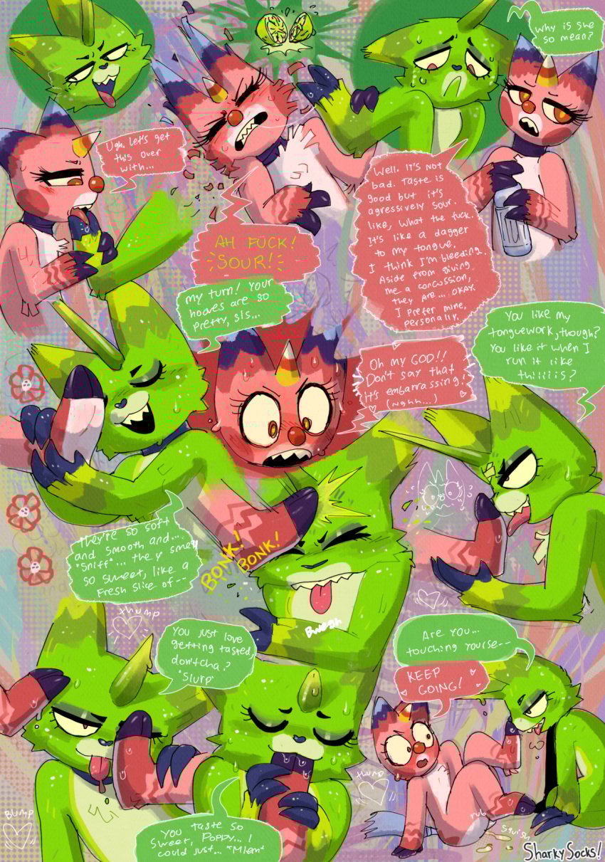 1_horn animate_inanimate anthro asking asking_why blue_hooves blue_nose blush bodily_fluids cheek_spots closed_eyes contact_onomatopoeia describing_foot dialogue duo english_text eyebrows eyelashes feet female female/female food foot_fetish foot_grab foot_in_mouth foot_lick foot_play foot_suck fruit genital_fluids green_body heart_symbol hi_res holding_water_bottle hooves horn licking lime living_pinata masturbation multicolored_body onomatopoeia open_mouth open_smile pinata pink_body pink_tongue plant poppy_(sharkysocks) profanity red_eyes red_nose saliva saliva_string sharkysocks sharp_teeth sitting smile sound_effects speech_bubble sucking tail teeth text tongue tongue_out vaginal_fluids yvette_(sharkysocks)