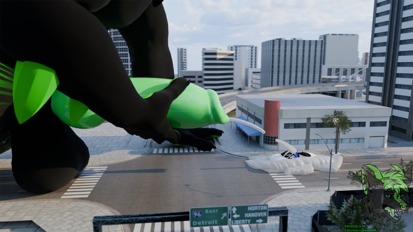 anthro balls big_balls bodily_fluids canid canine canis car city cum cumshot dragon duo ejaculation excessive_cum excessive_genital_fluids f4r3u5z genital_fluids genitals hi_res huge_balls hybrid hyper hyper_balls hyper_cum hyper_cumming hyper_genitalia macro male male/male mammal mephitid micah_(nuclear) micro mythological_creature mythological_scalie mythology scalie size_difference skunk vehicle wolf