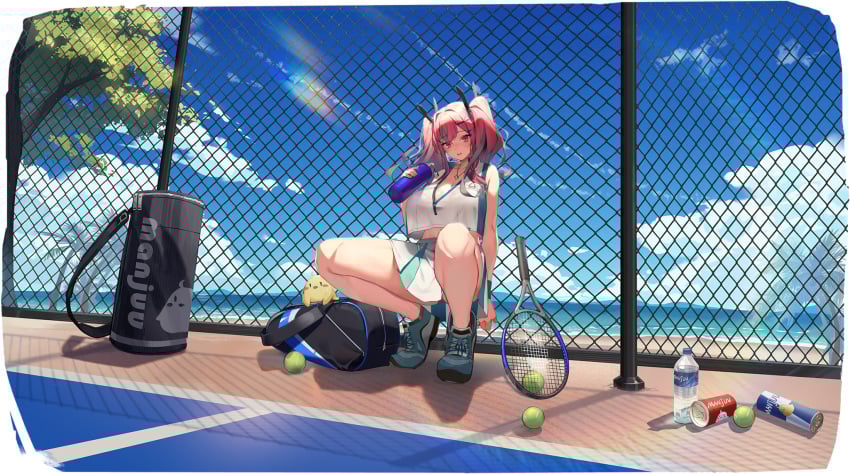 ahoge azur_lane bag bare_shoulders beach blue_sky blush bottle breasts bremerton_(azur_lane) bremerton_(scorching-hot_training)_(azur_lane) cg chain-link_fence cleavage cloud crop_top crop_top_overhang day female fence full_body grey_hair hair_between_eyes hair_intakes hair_ornament hairbow hairclip heart heart_necklace holding holding_bottle jewelry large_breasts long_hair looking_at_viewer manjuu_(azur_lane) midriff mole mole_under_eye multicolored_hair necklace ocean official_alternate_costume official_art outdoors pink_eyes pink_hair pleated_skirt red_eyes red_hair scenery shadow shirt shoes sidelocks sitting skirt sky sleeveless sleeveless_shirt smile sneakers solo squatting streaked_hair thighs tree twintails two-tone_hair two-tone_shirt two-tone_skirt underwear water_bottle white_shirt white_skirt x_hair_ornament