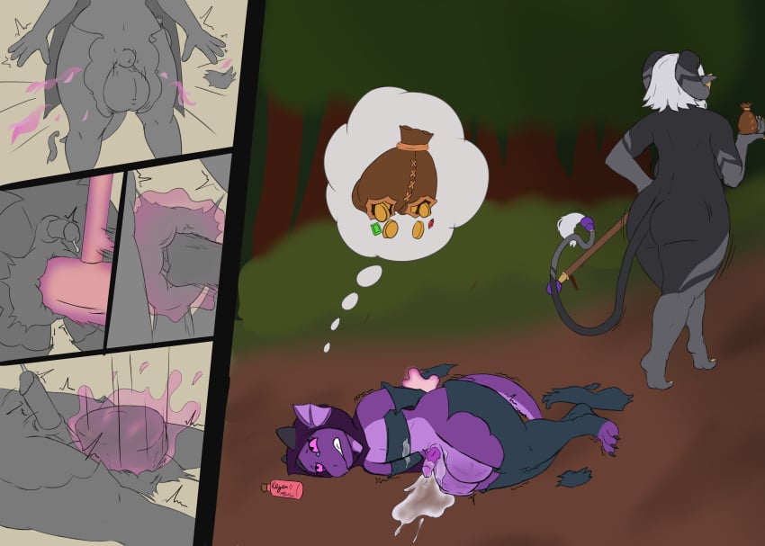 absurd_res animal_genitalia anthro asian_mythology ass ballbusting balls big_balls big_butt black_body bodily_fluids clenched_teeth clothing cock_and_ball_torture comic cum cum_on_ground cum_on_penis demon duo east_asian_mythology exposed female forest gem genital_fluids genital_torture genitals gold_(metal) hair hammer hi_res horn impact_lines japanese_mythology jewelry kobold lying magic magic_user male male/female mythology nude on_side oni penis plant plum_(plumbold) potion precum purple_body purse rafitos rear_view rock scalie sheath staff tail tears teeth tools torn_clothing tree violence walking white_hair yokai