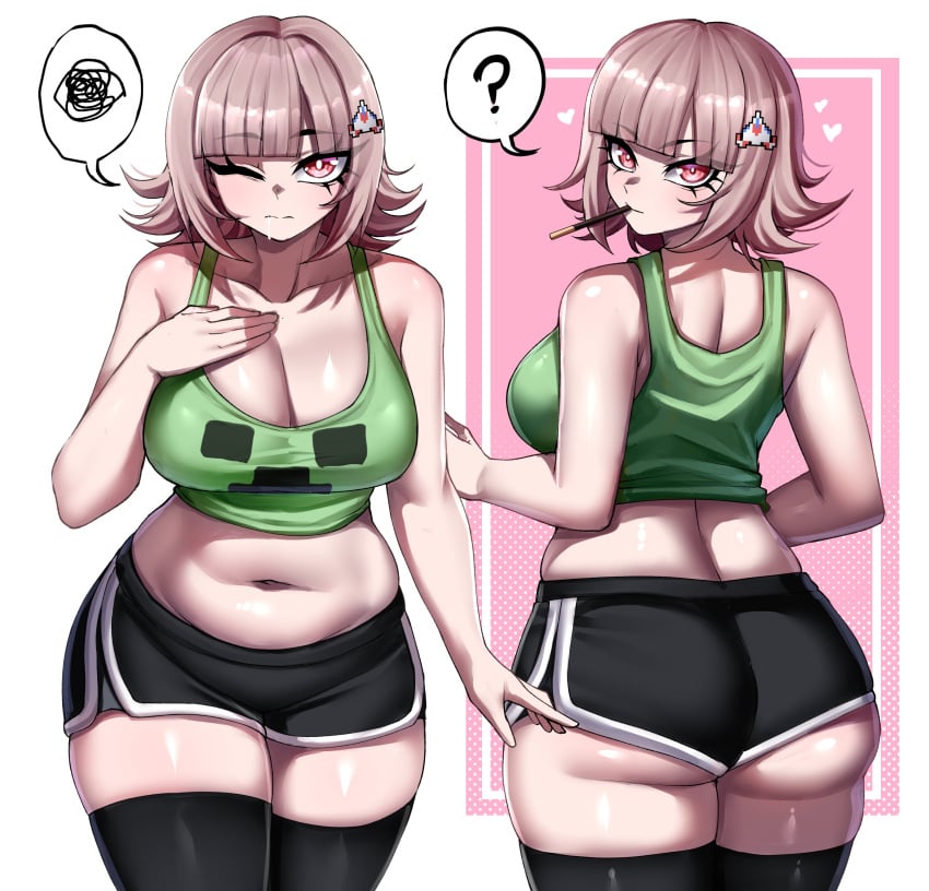 1girls ? ass_focus back_view big_ass big_breasts big_butt boobs_focus breasts breasts_focus butt_focus chubby chubby_female creeper_face danganronpa danganronpa_2:_goodbye_despair female food front_view gamer_girl minecraft nanami_chiaki pink_eyes pink_hair pocky pocky_in_mouth rageman709 short_hair shorts