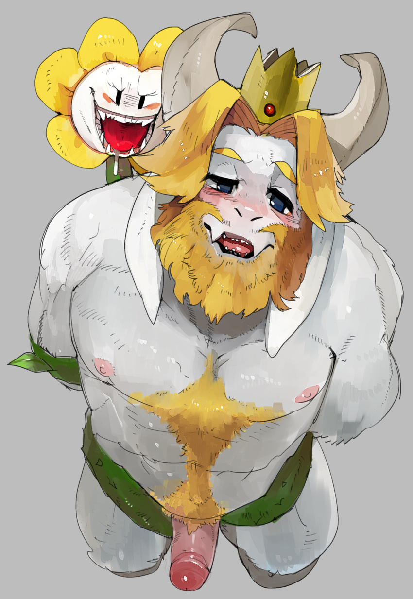 abs anthro asgore_dreemurr bara barazoku beard blush body_hair caprine chest_hair circumcised crown duo erection facial_hair flora_fauna flowey_the_flower goat hairy hands_behind_back hi_res high-angle_view humanoid_penis kneeling liteu looking_up male male_only mammal nipples open_mouth pecs penis plant pubes restrained sharp_teeth size_difference small_dom_big_sub solo_focus teeth tentacle undertale video_games