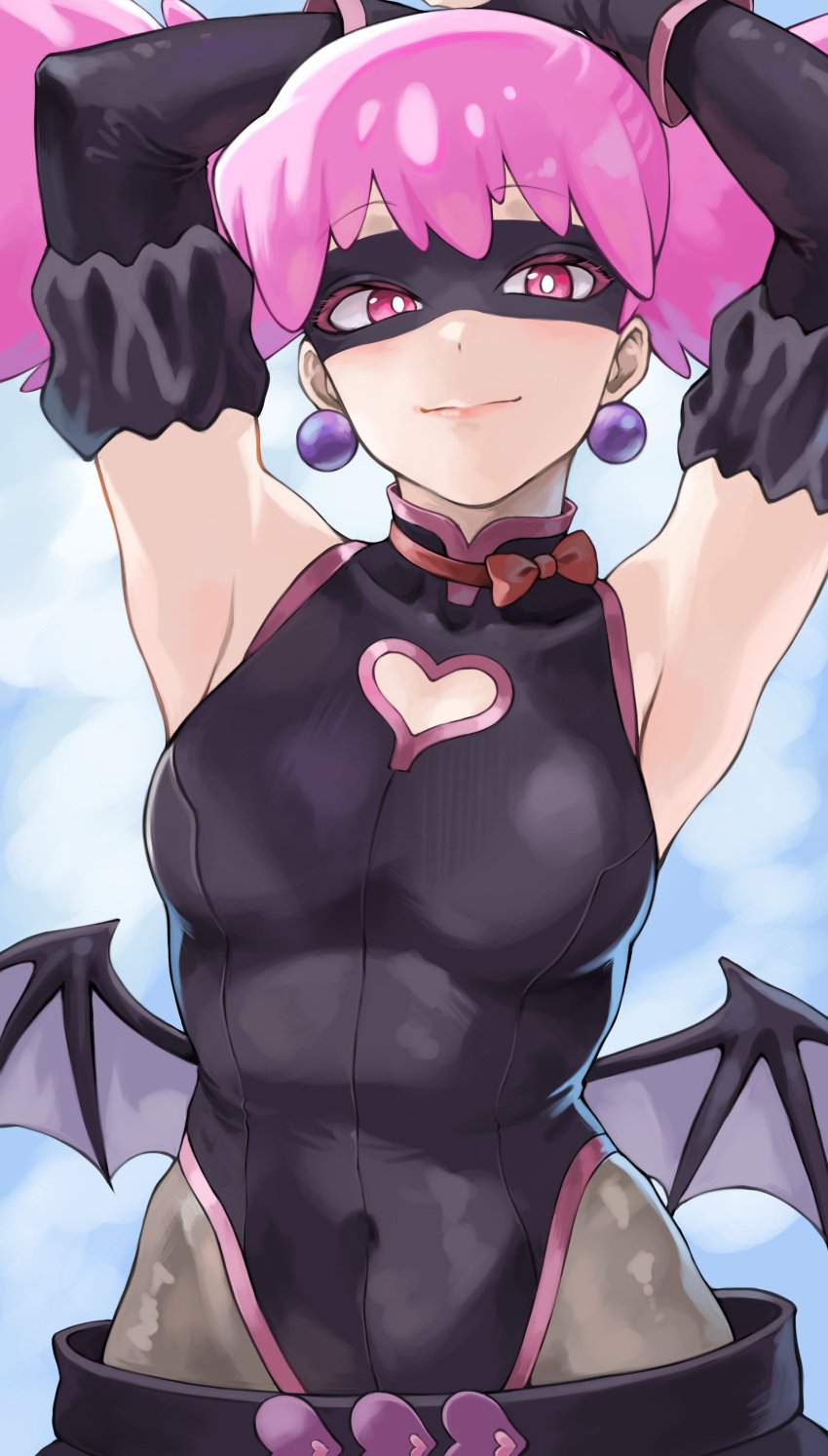 absurdres arm_up armpits bat_wings black_bodysuit black_mask bodysuit boku_no_hero_academia bow breasts clothing_cutout curvy demon_girl detached_sleeves earrings eye_mask female fengling_(furin-jp) haneyama_kazuho heart heart_cutout highleg highleg_leotard highres jewelry leotard leotard_under_clothes looking_at_viewer looking_down mask non-web_source pantyhose pink_hair red_eyes sky smile solo superhero_costume turtleneck twintails vigilante:_my_hero_academia_illegals wide_hips wings