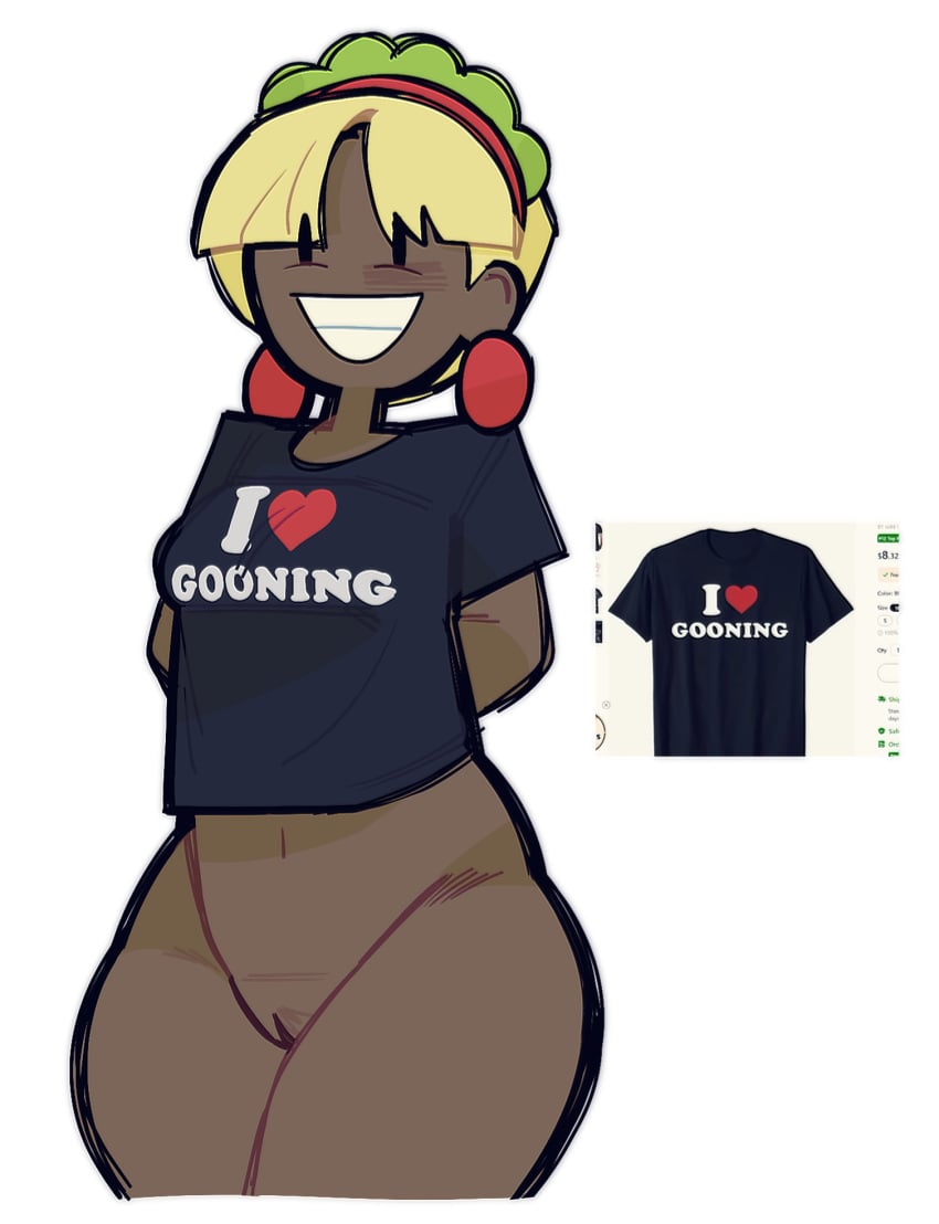 big_breasts black_shirt blonde_hair dark-skinned_female earrings female gooning happy heart_emoji i_love_gooning inanimate_insanity object_shows only_shirt taco_(ii) thick_thighs