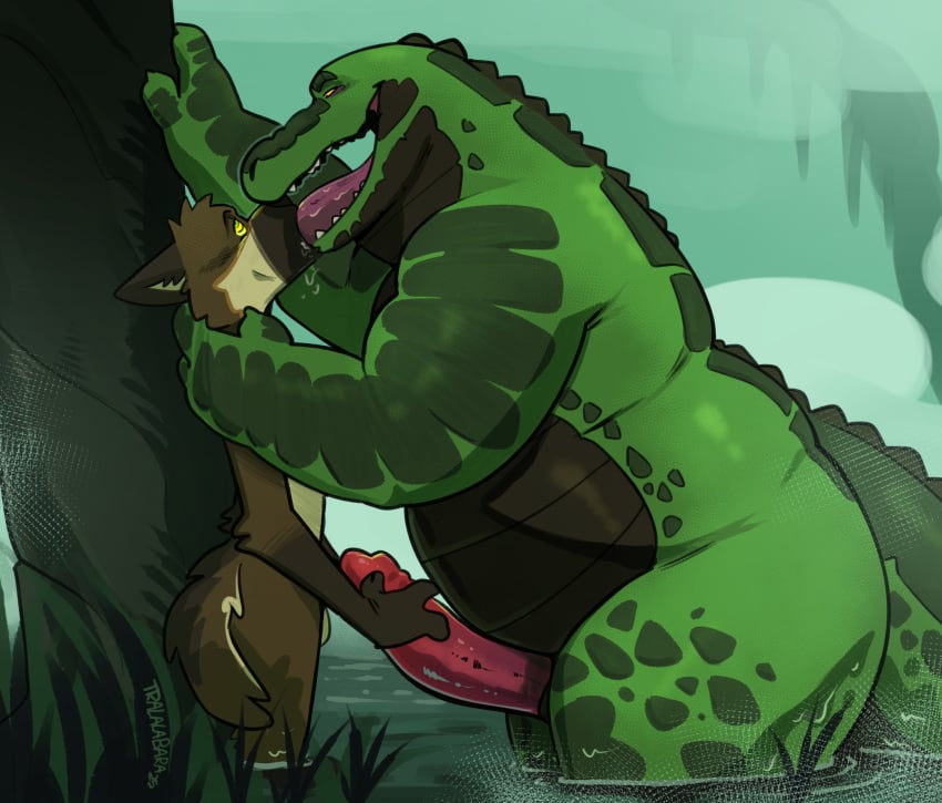 alligator alligatorid anthro anthro_on_anthro balls big_penis canid canine canis crocodilian detailed_background domestic_dog duo french_kissing fur genitals german_shepherd green_body green_scales haps herding_dog hi_res humanoid_genitalia humanoid_penis hypnosis hypnotic_eyes kissing larger_male lucas_(lucastheshep) male male/male mammal mind_control multicolored_body multicolored_fur multicolored_scales nude outside pastoral_dog penis plant reptile scales scalie size_difference smaller_male swamp tail teeth tree two_tone_body two_tone_scales water