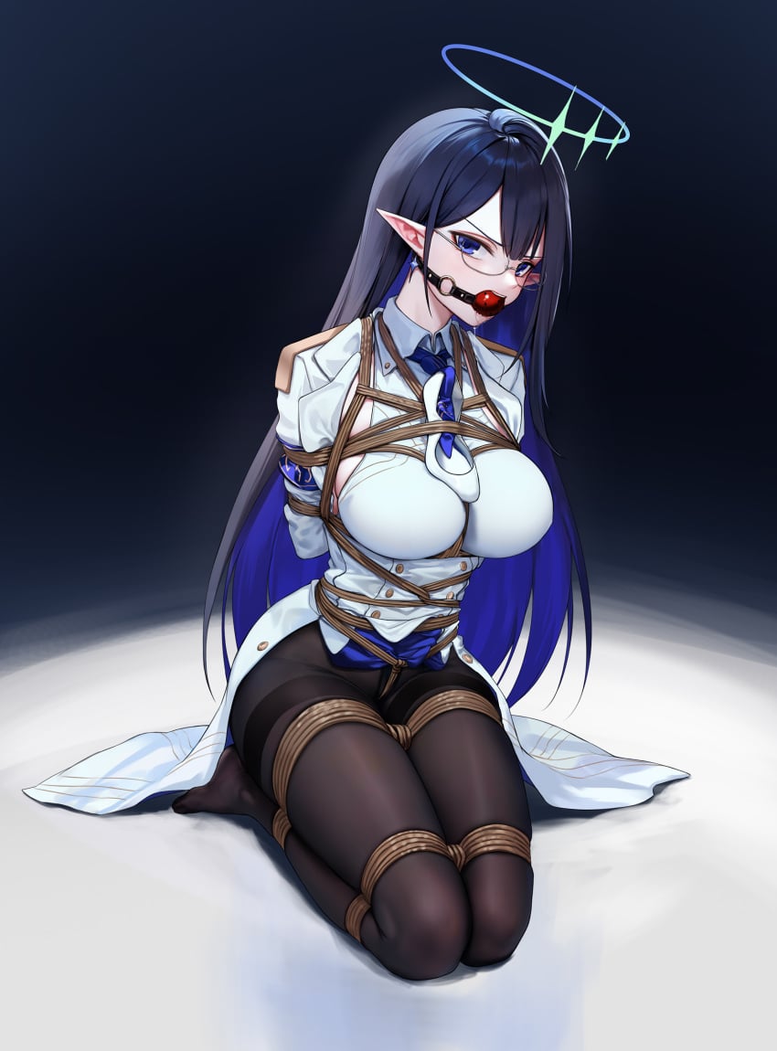 absurdres arms_behind_back ball_gag black_pantyhose blazer blue_archive blue_eyes blue_hair blue_necktie bondage bound bound_legs breasts collared_shirt crotch_rope female gag gagged glasses halo highres jacket kneeling kumachi_(aikawaakeya) large_breasts long_hair looking_at_viewer necktie pantyhose pointy_ears rin_(blue_archive) saliva_drip shibari_over_clothes shirt teeth upper_teeth_only very_long_hair white_shirt