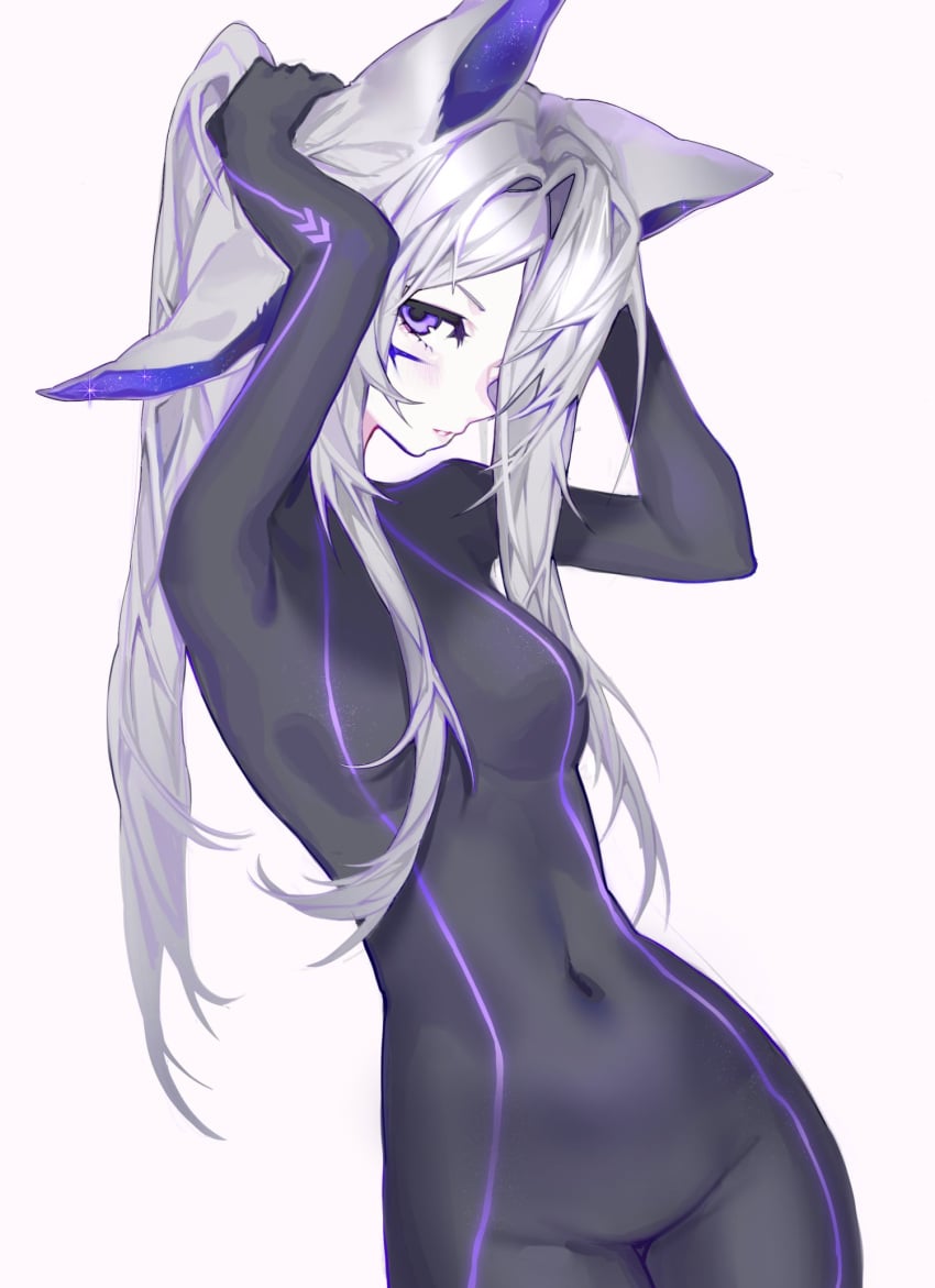 animal_ears arms_up blush bodysuit breasts closed_mouth covered_navel cowboy_shot diagonal_stripes dya_rikku_(vtuber) eyebrows_visible_through_hair female long_hair looking_at_viewer navel purple_eyes silver_hair skin_tight solo standing striped striped_background vertical_stripes vyugen