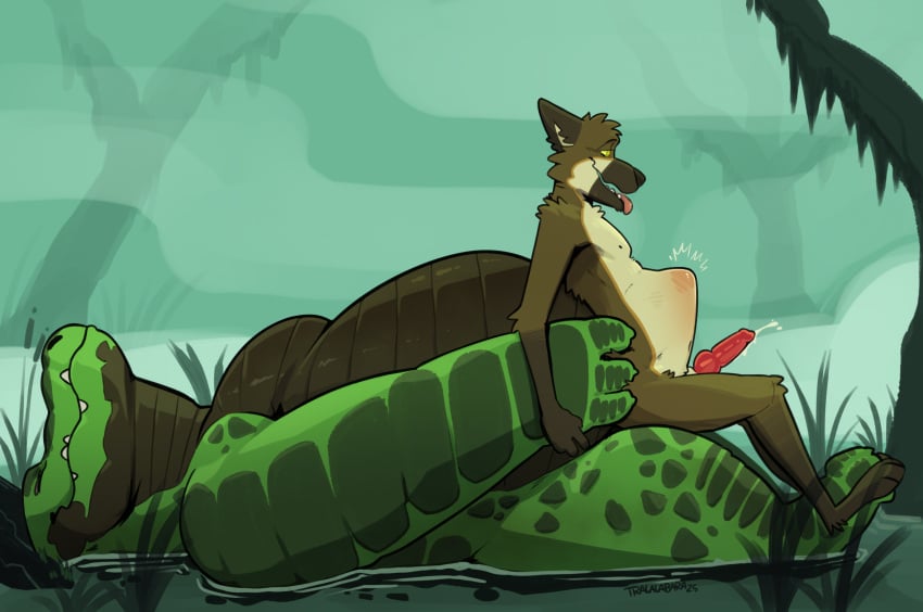 alligator alligatorid anal anal_sex anthro anthro_on_anthro balls big_penis bodily_fluids canid canine canine_penis canis crocodilian cum detailed_background domestic_dog duo erection french_kissing fur genital_fluids genitals german_shepherd green_body green_scales haps herding_dog hi_res huge_abdominal_bulge hypnosis hypnotic_eyes kissing knot larger_male lucas_(lucastheshep) male male/male male_penetrated male_penetrating male_penetrating_male mammal mind_control multicolored_body multicolored_fur multicolored_scales nude outside pastoral_dog penetration penile penis plant reptile scales scalie sex size_difference smaller_male stomach_bulge swamp tail teeth tree two_tone_body two_tone_scales water
