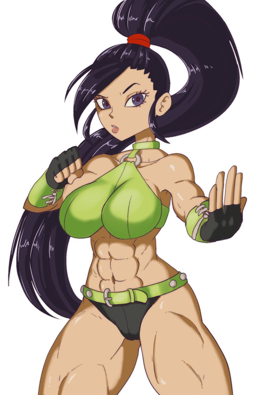 abs black_eyes black_fingerless_gloves black_hair black_panties cropped cropped_legs dragon_quest dragon_quest_xi female glistening glistening_body glistening_eyes glistening_skin green_belt green_crop_top green_wristband gummidx jade_(dq11) light-skinned_female light_skin long_hair muscular muscular_female muscular_forearms muscular_legs ponytail raven_hair red_scrunchie shading tagme white_background wristband