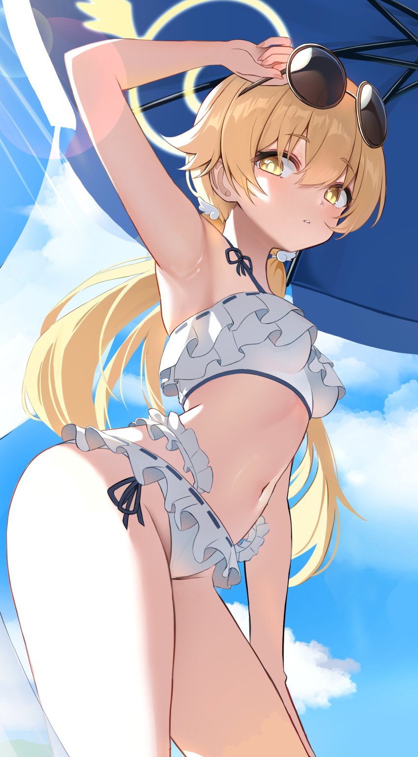 1girl angel_girl beach beach_umbrella blonde_hair blue_archive hifumi_(swimsuit)_(blue_archive) high_resolution li_se long_hair solo_female solo_focus sunglasses sunglasses_on_head swimsuit video_game_character