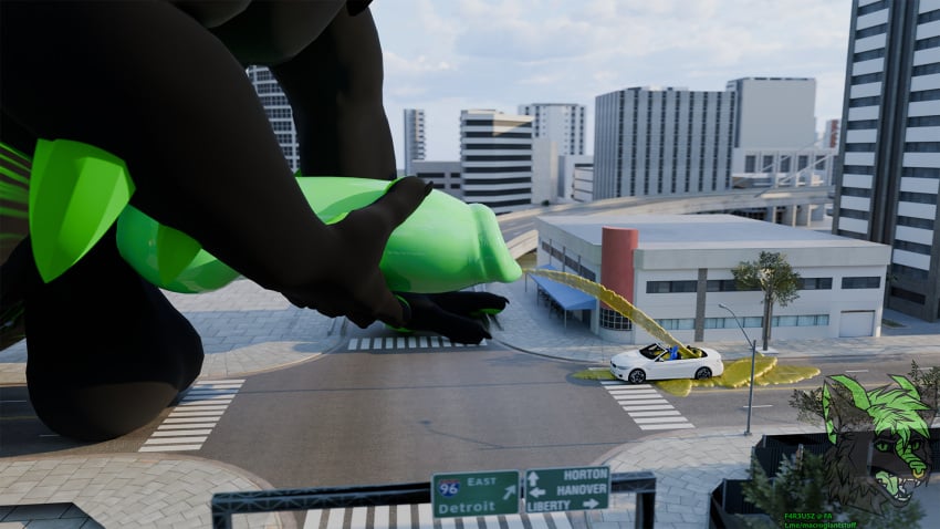 anthro big_penis bodily_fluids canid canine canis car city dragon duo f4r3u5z genital_fluids genitals hi_res huge_cock hybrid hyper hyper_genitalia hyper_pee hyper_penis macro male male/male mammal mephitid micah_(nuclear) micro mythological_creature mythological_scalie mythology penis scalie size_difference skunk urine vehicle watersports wolf