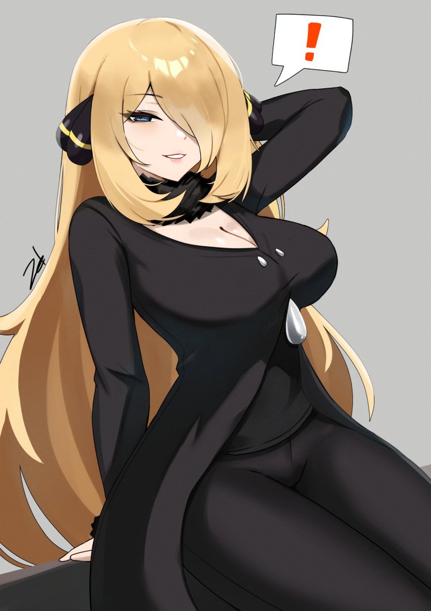 ! arm_behind_head blonde_hair blue_eyes breasts cleavage cynthia_(pokemon) female grey_hair hair_over_one_eye highres long_hair looking_at_viewer medium_breasts nintendo pokemon pokemon_dppt smile solo spoken_exclamation_mark very_long_hair zet_(twt_zet)