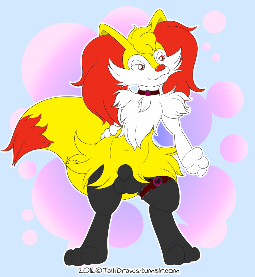 1boy abstract_background animal_genitalia anthro braixen canine chest_tuft choker digitigrade feet femboy flat_colors fox fully_sheathed furry garter hand_on_hip hi_res kurama_the_braixen looking_away male male_only mammal mrpandragon navel nintendo paws pinup pokémon_(species) pokemon pokemon_(species) pokemon_xy pose sheath smile solo testicles text thick_thighs tuft video_games