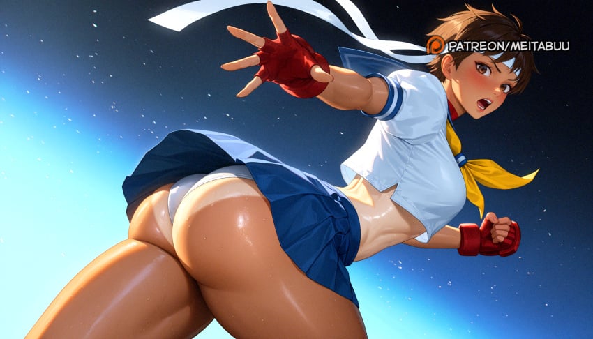 ai_generated arched_back ass ass_focus blue_sailor_collar blush breasts brown_eyes brown_hair female fingerless_gloves from_side gloves headband huge_ass kasugano_sakura looking_at_viewer looking_back meitabuu nail_polish open_mouth sailor_collar school_uniform serafuku short_hair skindentation skirt small_breasts solo street_fighter street_fighter_zero_(series) tanlines thick_thighs thighs tight_clothes twisted_torso white_headband wide_hips