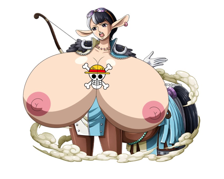beast_pirates bow breast_expansion breastless_clothes breasts breasts_bigger_than_head breasts_out centaur centauress clothing earrings edited_official_artwork enormous_breasts female female_only horse_ears horse_girl horse_tail huge_breasts one_piece one_piece_treasure_cruise open_mouth otakusedits purple_eyes speed_(one_piece) straw_hats_pirates_jolly_roger tattoo_between_chests two_tone_hair white_gloves