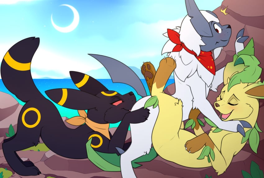 absol after_transformation against_surface against_wall ambiguous_penetration anal ass black_body black_fur blush celeste_(xxrandomguyxx) claws closed_eyes eclipse eeveelution felid feline female feral from_front_position fur generation_2_pokemon generation_3_pokemon generation_4_pokemon green_body green_fur grey_body grey_fur group group_sex hand_on_butt hand_on_chest head_crest hi_res island kerchief kerchief_only leaf leaf_tail leafeon legs_around_partner looking_back lying male male/female mammal mane meraence missionary_position nintendo on_back open_mouth oral outside pawpads penetration pokemon pokemon_(species) pokemon_mystery_dungeon raised_tail red_eyes rimming rock sea seaside sex sibling_(lore) sister_(lore) sisters_(lore) spike_chunsoft tail tan_body tan_fur teeth threesome trio umbreon vera_(leafeon) water white_body white_fur yellow_body yellow_fur zazel_(absol)