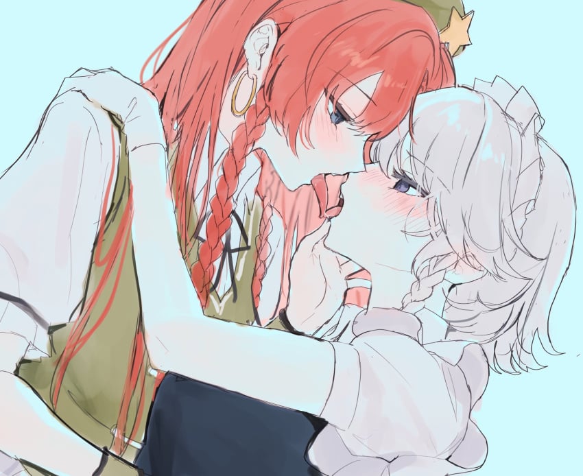 2girl 2girls blush fully_clothed hong_meiling izayoi_sakuya kissing lesbian_kiss making_out sakuya_izayoi sarukana tongue_on_tongue touhou yuri