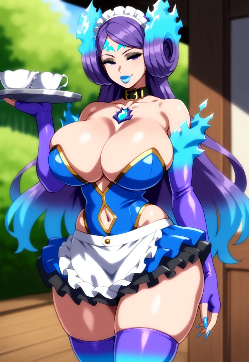 1girls adapted_costume ai_generated alternate_breast_size bare_hips bare_shoulders belt_buckle belt_collar bimbo bimbo_body bimbo_lips bimbofication bimbofied brighid_(xenoblade) chest_jewel cleavage collar collarbone core_crystal dress elbow_gloves eyeshadow female fingerless_gloves fire_hair flaming_hair frilled_skirt gold_trim half-closed_eyes hand_up hip_cutout holding_tray huge_breasts layered_skirt lipstick maid maid_headdress maid_may massive_breasts navel navel_cutout novelai outdoors outside porch purple_eyes servant short_dress solo solo_female solo_focus strapless teacup tgm101_(artist) thick_lips thick_thighs thighhighs thin_waist tray waist_apron wide_hips xenoblade_(series) xenoblade_chronicles_(series) xenoblade_chronicles_2