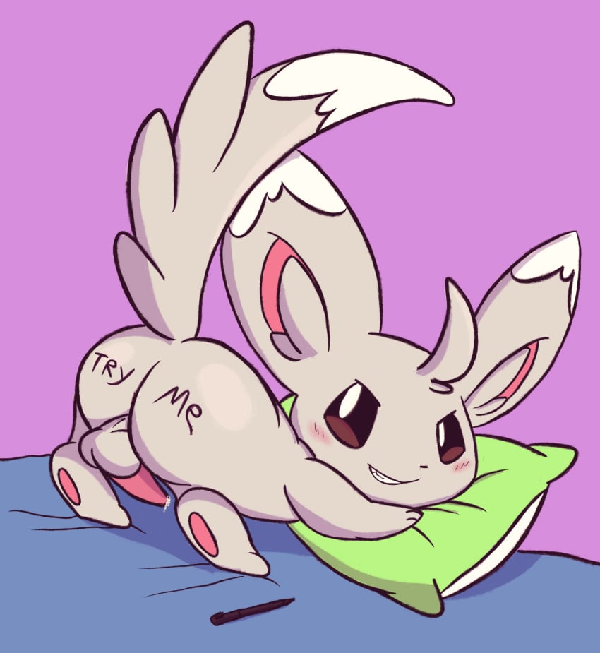 2020 anus aroused ass ass_up balls barely_visible_anus big_head blush bodily_fluids body_writing dipstick_ears dipstick_tail ear_markings english_text erection feral generation_5_pokemon genital_fluids genitals grin hi_res inner_ear_fluff inviting long_tail looking_at_viewer male male_feral marker markings minccino mincheeto multicolored_ears nintendo penis pillow pink_background plantigrade pokemon pokemon_(species) precum presenting presenting_anus presenting_hindquarters raised_heel raised_tail side_view simple_background smile solo tail tail_markings tapering_penis text tuft writing_on_butt