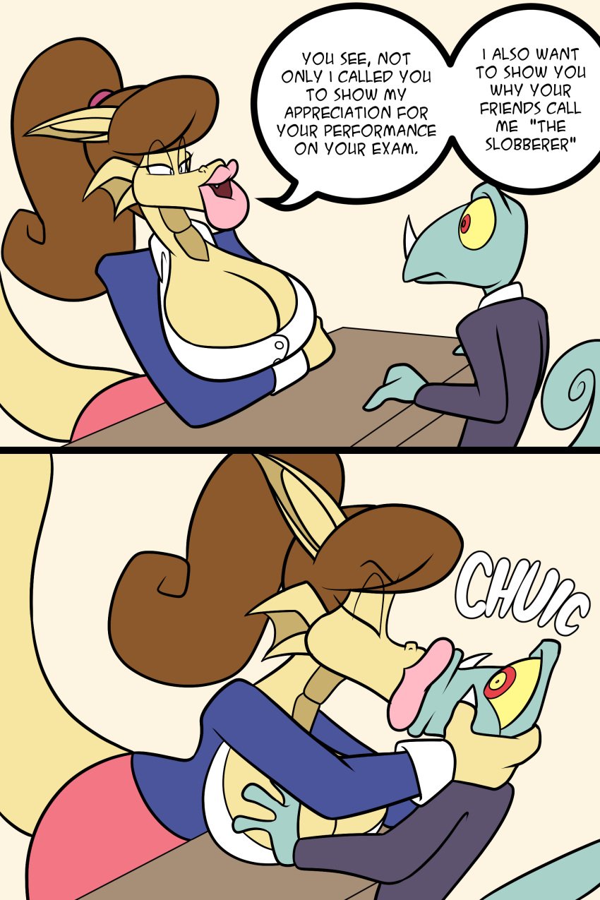 1boy 1girls 2d 2d_(artwork) big_breasts breasts brown_hair clawed_fingers comic comic_page comic_panel dialogue digital_drawing_(artwork) digital_media_(artwork) dragon dragon_girl dragon_tail grabbing_another's_head horn jamearts jimmy’s_sloppy_life kissing lizard lizardman long_hair makeout male_victim no_humans panels pink_lips pink_lipstick pink_skirt pointy_ears ponytail rebecca_(jamearts) red_pupils scalie scalie_female scalie_only shocked shocked_expression size_difference skirt story student student_and_teacher tail teacher teacher_and_student teacher_clothing teacher_outfit victim yellow_body yellow_eyes yellow_skin