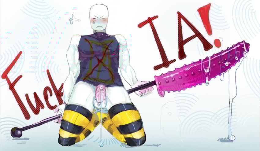 1boy big_penis combat_dummy dildo dildo_weapon dummy_(roblox) item_asylum muscular oneboy precum roblox sex_toy shy shy_expression sitting stockings stripped_socks sweatdrop text
