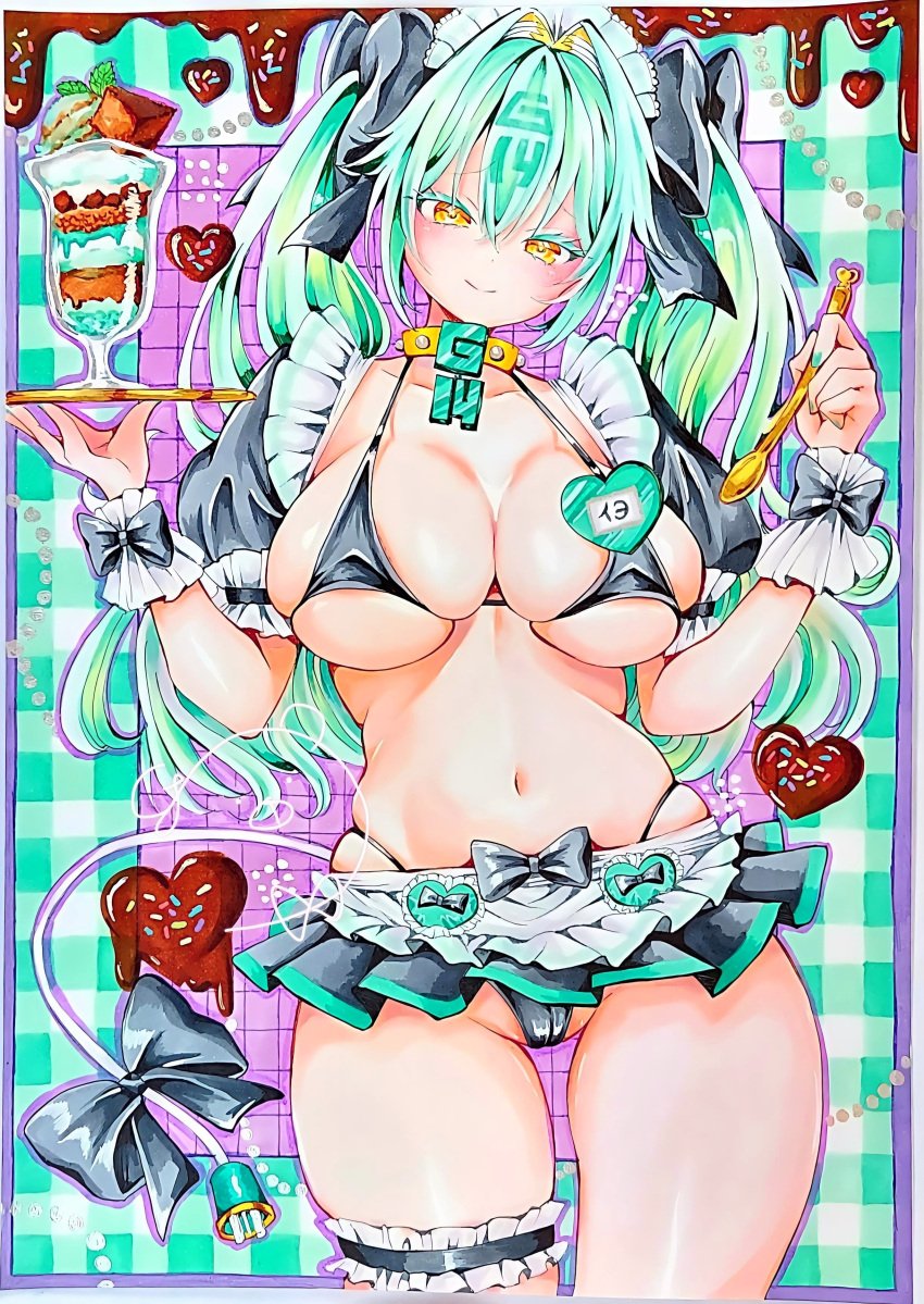 badge character_name chocolate closed_mouth detached_sleeves frills g-14_iyo heart highleg holding_spoon huge_breasts mahjong_fight_girl maid_bikini maid_uniform serving_food serving_tray skindentation smile spoon sundae unconventional_maid